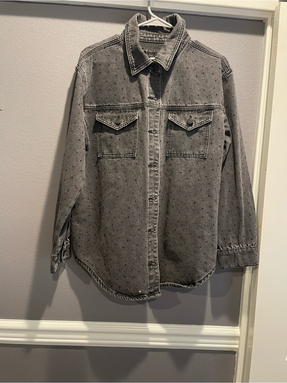 Maurices Grey Studded Button-Front Long Sleeve Shirt Jacket